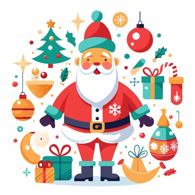 Vector cheerful santa claus surrounded by christmas elements