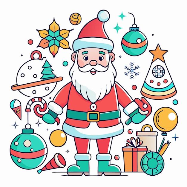 Vector cheerful santa claus with christmas ornaments gifts and candy cane