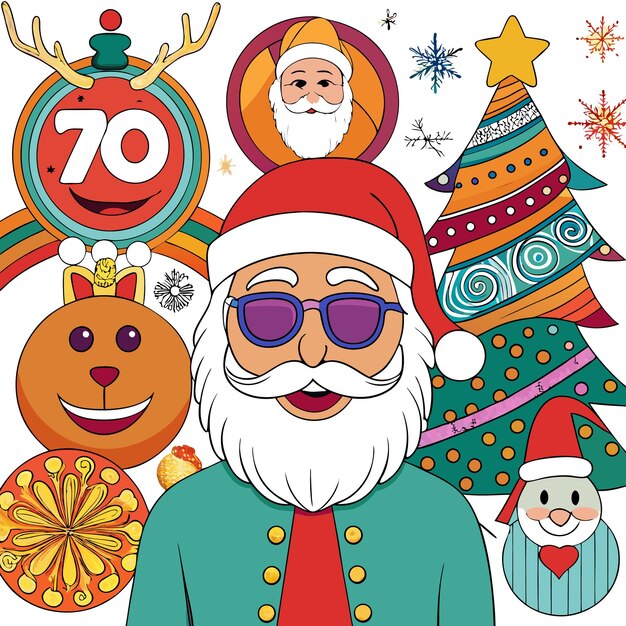 Vector a cheerful santa claus with sunglasses surrounded by christmas decorations and a number 70