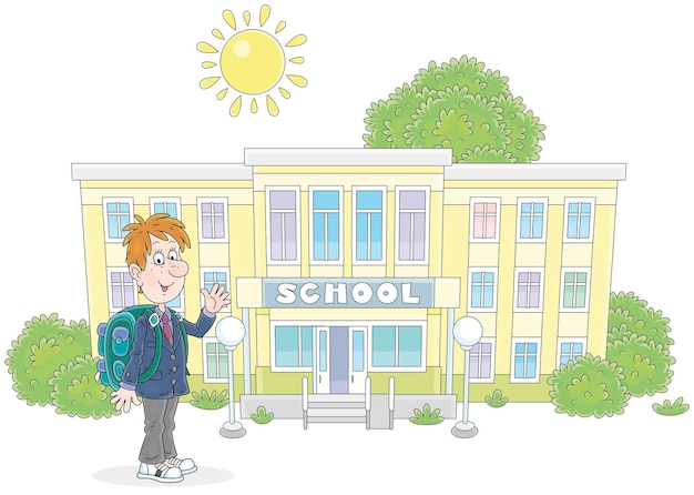 Cheerful schoolboy with a backpack going to school and waving his hand in greeting on a sunny day