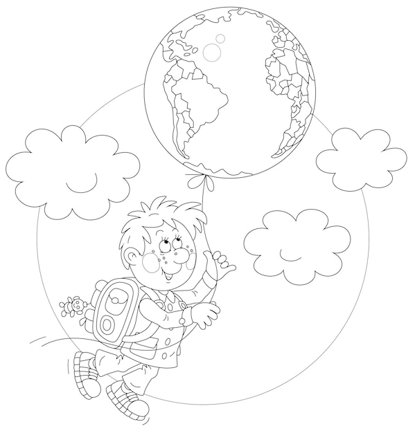 Cheerful schoolboy with a flying balloon in a form of a globe