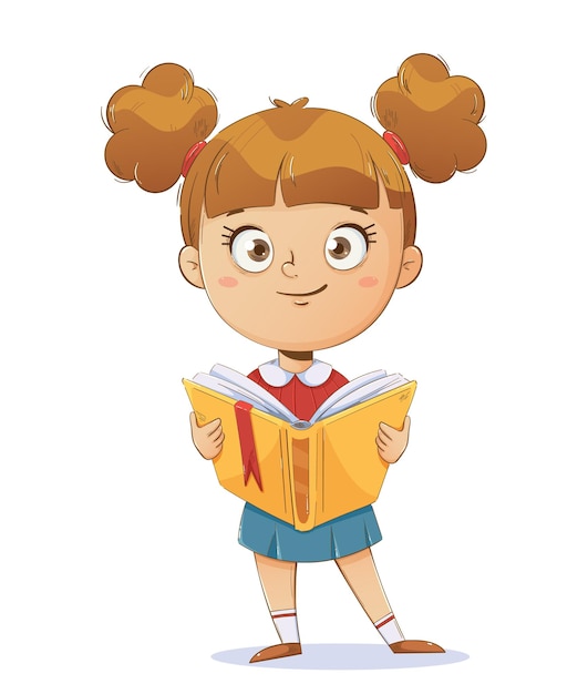 cheerful schoolgirl holding a book. funny cartoon character. back to school concept