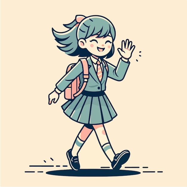 a cheerful schoolgirl in a uniform energetically walking with a wave and a bright smile