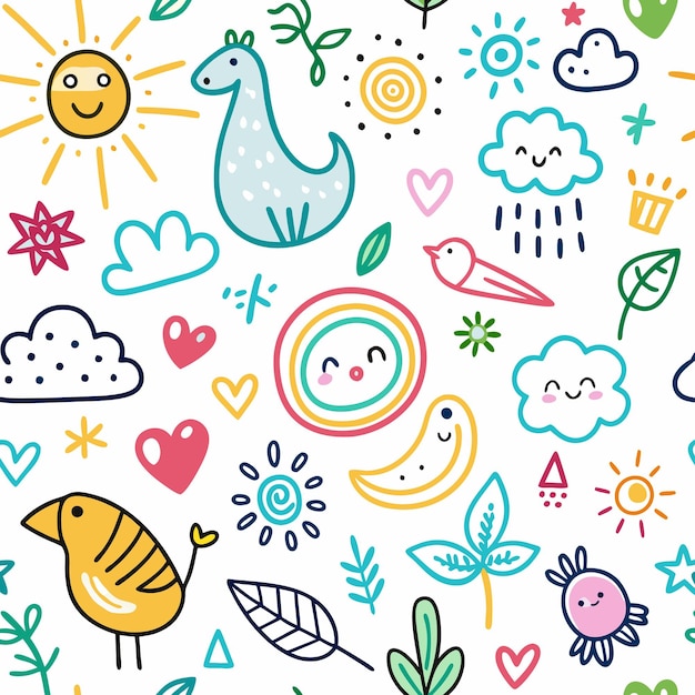 Cheerful seamless pattern with colorful handdrawn elements like suns birds hearts and clouds