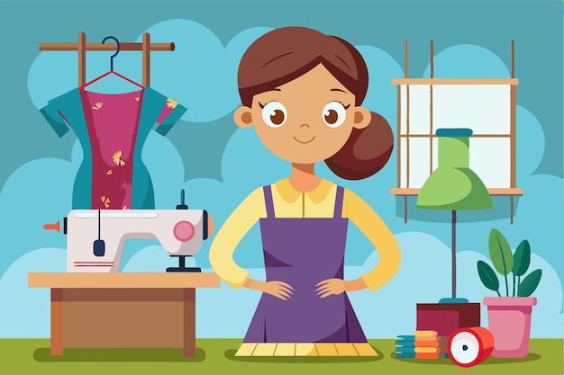 A cheerful seamstress stands confidently by her sewing machine surrounded by colorful fabrics and crafting supplies in a vibrant workspace