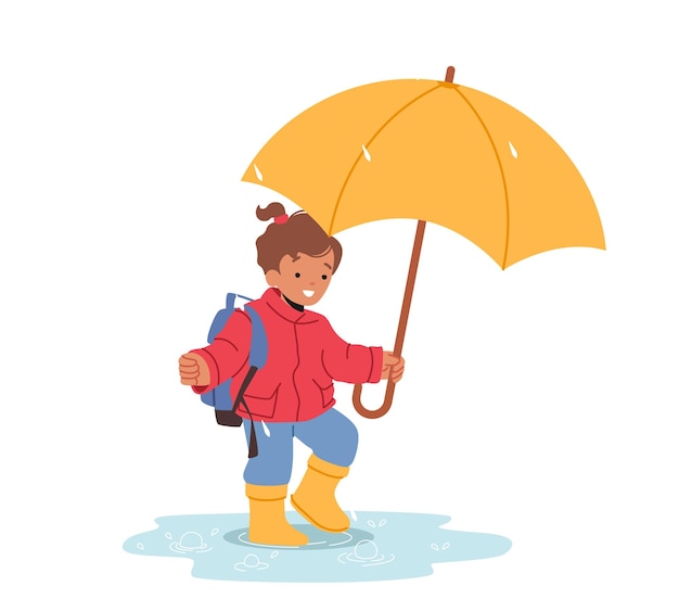 Cheerful Smiling Child with Umbrella and Rucksack Walk by Puddles at Autumn or Spring Rainy Weather Happy Little Girl