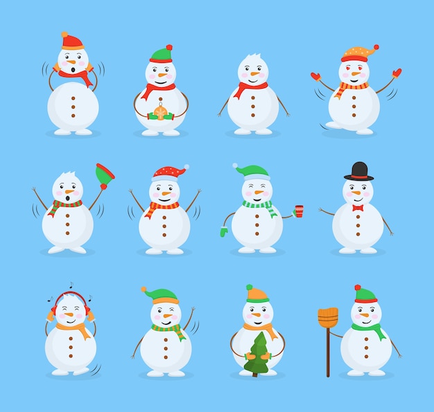 Cheerful snowman in different costumes. Funny snow man wearing hat, scarf and mittens collection. Set of funny cartoon characters, poses and emotions.