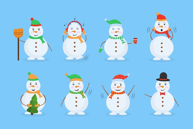 Cheerful snowman in different costumes.