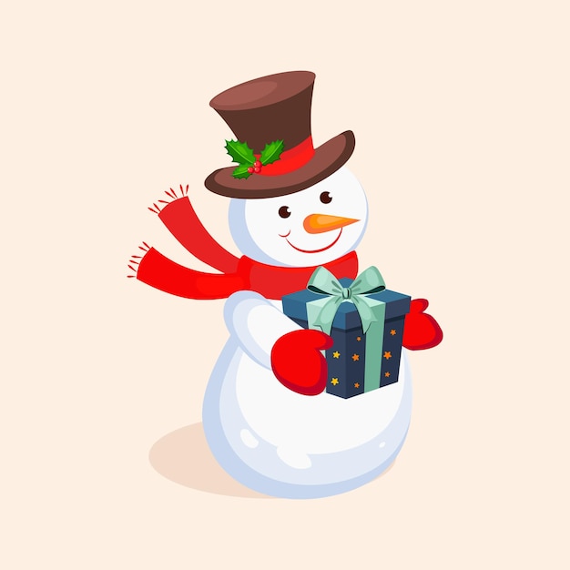 Cheerful Snowman holding a Present. Holiday Vector Illustration