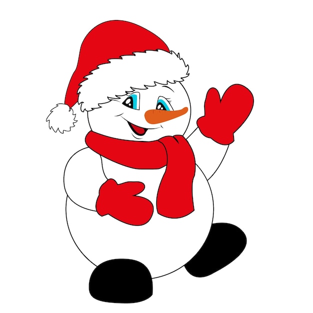 Cheerful snowman in a red Santa hat scarf and mittens Christmas and New Year