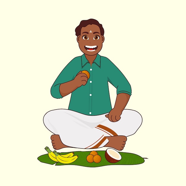 Cheerful South Indian Man Eating Delicious Food On Banana Leaf Against Pastel Yellow Background