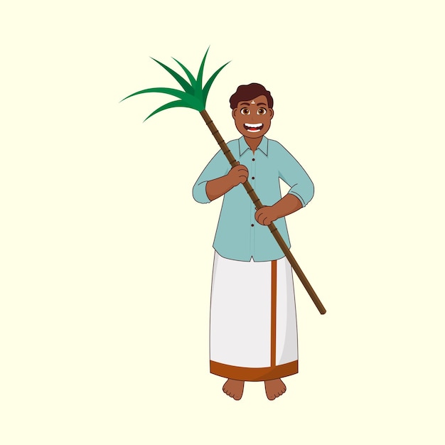 Cheerful South Indian Man Holding Sugarcane On Pastel Yellow Background