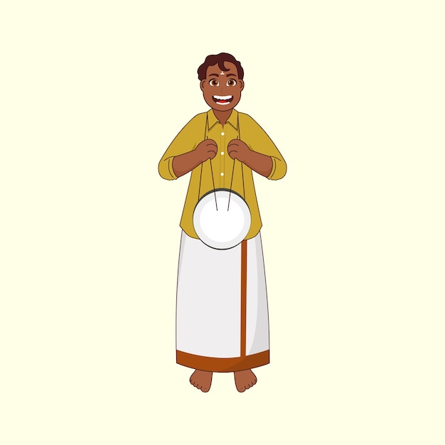 Cheerful South Indian Man Playing Drum By Sticks On Pastel Yellow Background