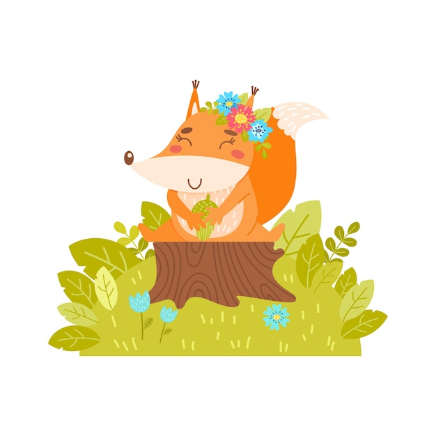 A cheerful squirrel with a wreath of flowers sits on a tree stump. Simple illustration on an isolated background.