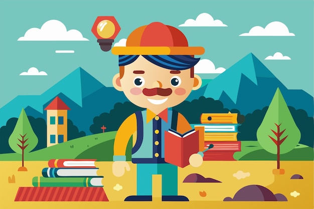 A cheerful student stands with a book among stacks of colorful books in a scenic outdoor setting Customizable cartoon illustrations for your thesis