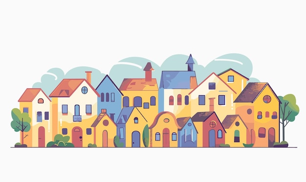 Cheerful suburban neighborhood cartoon houses colors ranging yellow blue orange surrounded