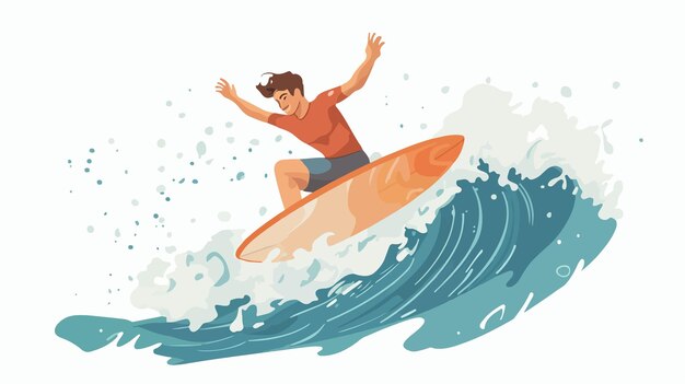 Vector cheerful surfer enjoying waves with surfboard in turbulent sea