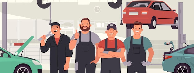 Cheerful team of auto mechanics against the background of a car service Auto repair station workers