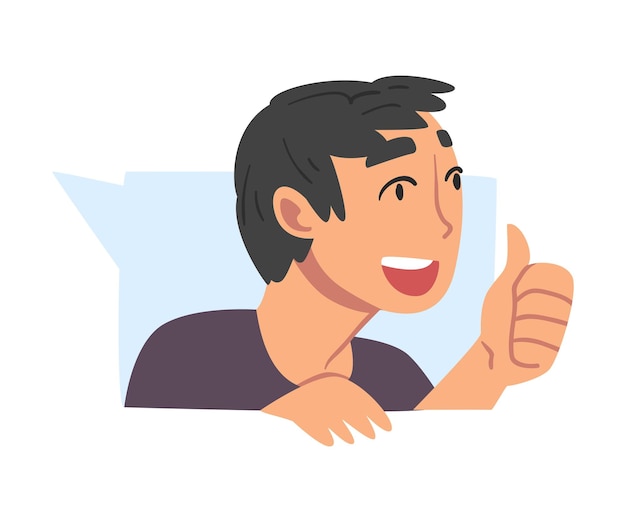 Vector cheerful teen boy showing approval or like gesture teenager doing thumb up cartoon vector illustration