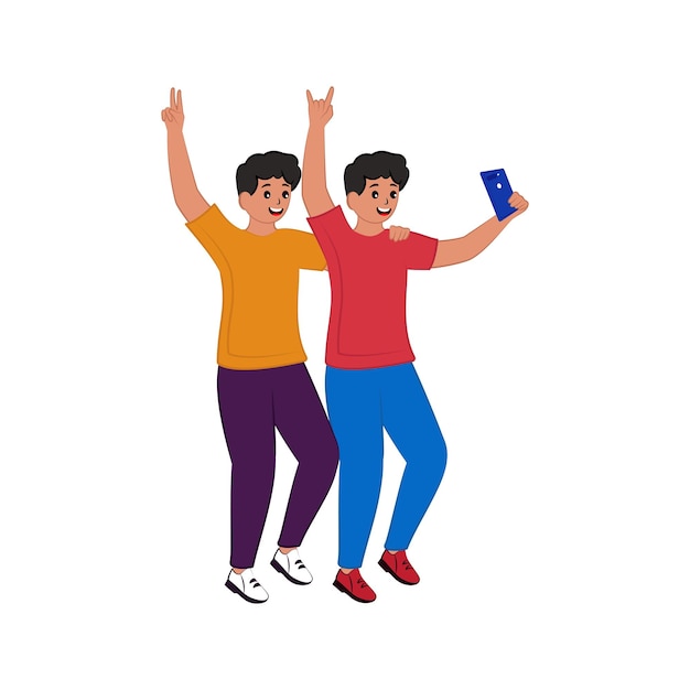 Cheerful Teenage Boy Taking Selfie With His Friend Or Brother From Smartphone On White Background