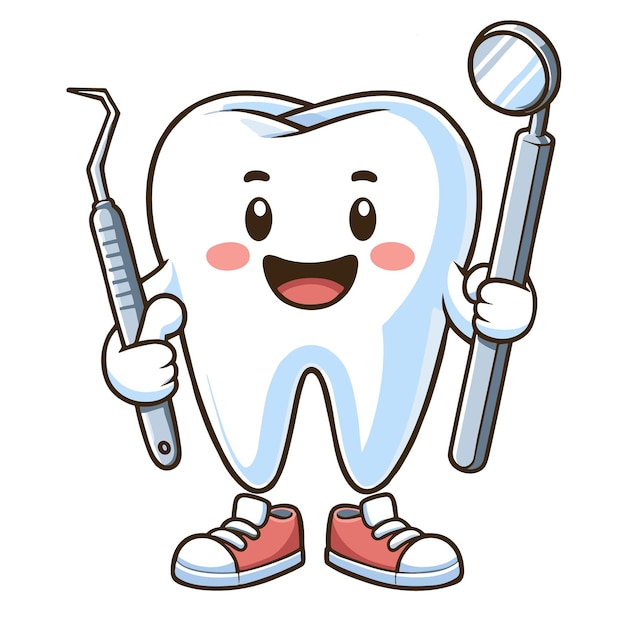 Cheerful Tooth Mascot with Dental Tools Cartoon Illustration