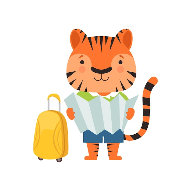 Cheerful tourist tiger cute animal cartoon character travelling on summer vacation vector Illustration isolated on a white background