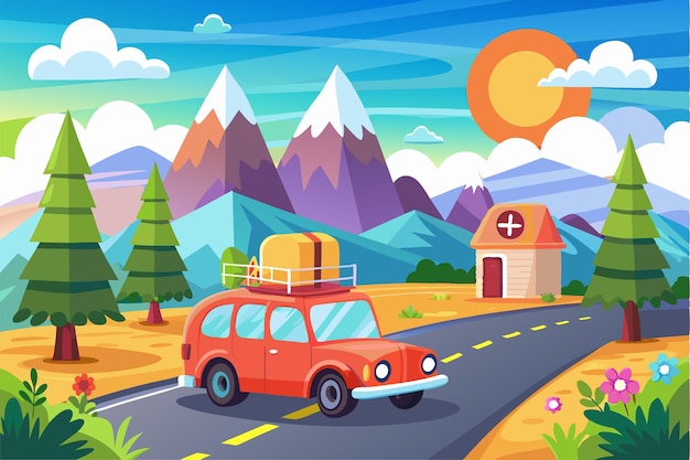 Vector a cheerful vintage car travels a winding road surrounded by mountains and lush greenery under a bright sun road trip customizable cartoon illustration