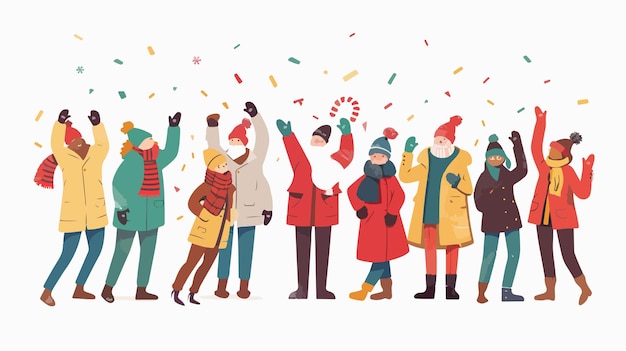 Cheerful Winter Celebration with People in New Years Winter Outfits