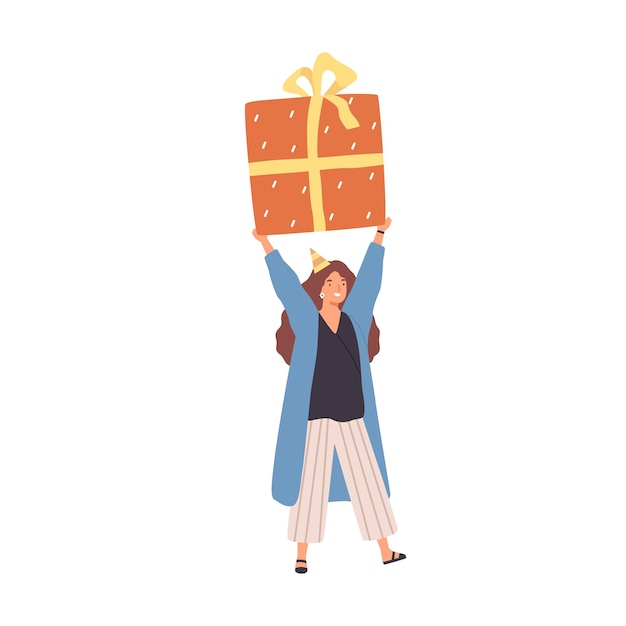 Cheerful woman carrying huge present box overhead. Female character holding big birthday gift in festive packaging. Flat vector cartoon illustration isolated on white background.