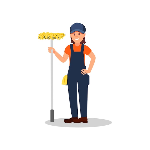 Cheerful woman standing with mop Cleaning company service Young girl in working uniform Colorful flat vector design