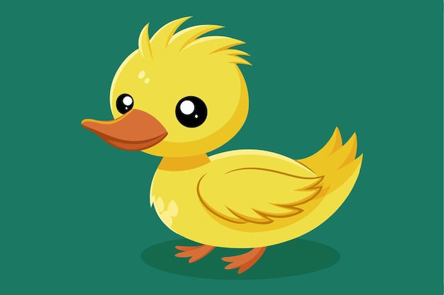 A cheerful yellow duckling with fluffy feathers and large eyes appears against a solid green backdrop Little duck with yellow feather