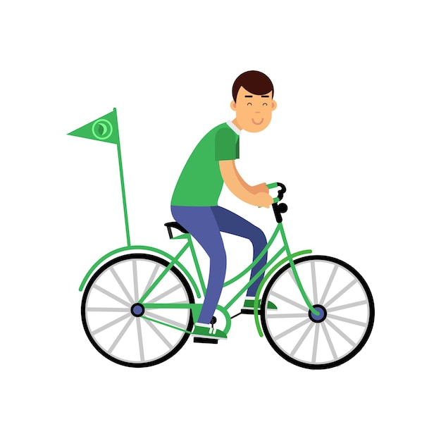 Cheerful young boy character in green t-shirt riding a bicycle with flag. Contributing into environment protection. Ecological lifestyle, ecology, environment concept. Flat vector isolated on white.