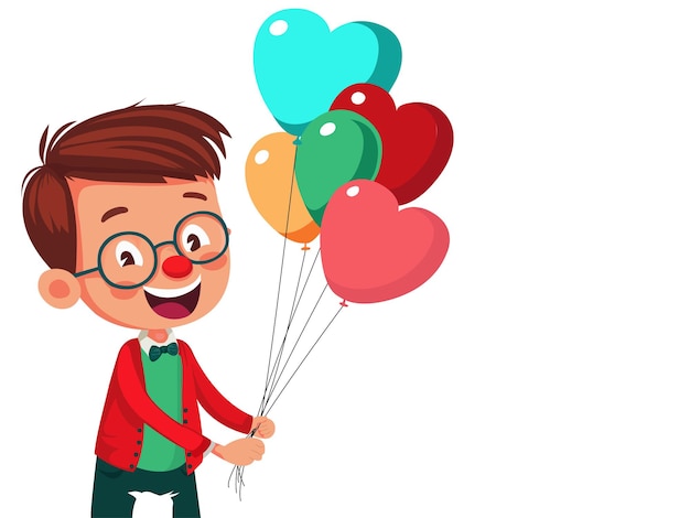 Cheerful Young Boy Character Holding Colorful Balloons On White Background Valentine's Day Concept