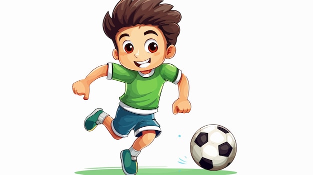 Cheerful Young Boy Playing Soccer in Green Shirt Illustration