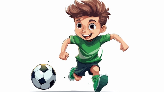 Cheerful Young Boy Playing Soccer in Green Shirt Illustration