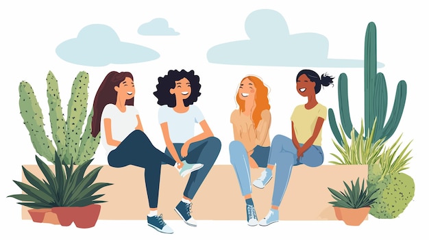 Vector cheerful young female friends sitting together smiling