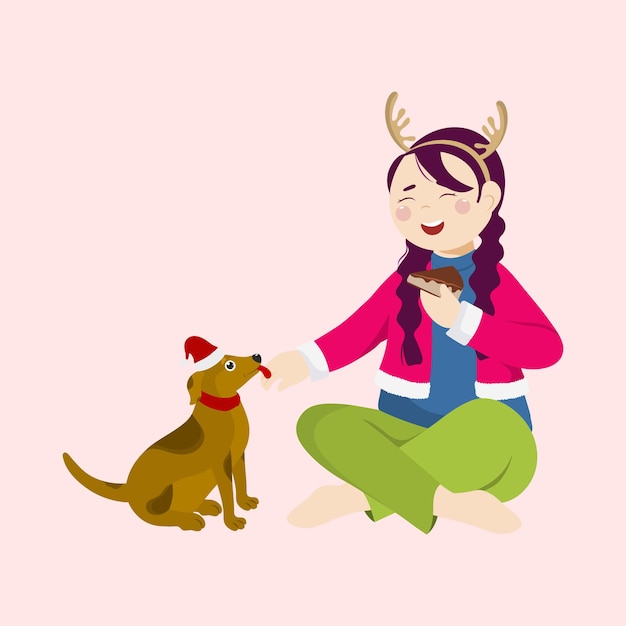 Cheerful Young Girl Eating Cake Slice Or Pastry And Dog Animal On Pink Background