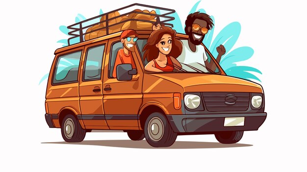 Vector cheerful young man driving van with female friend outdoors