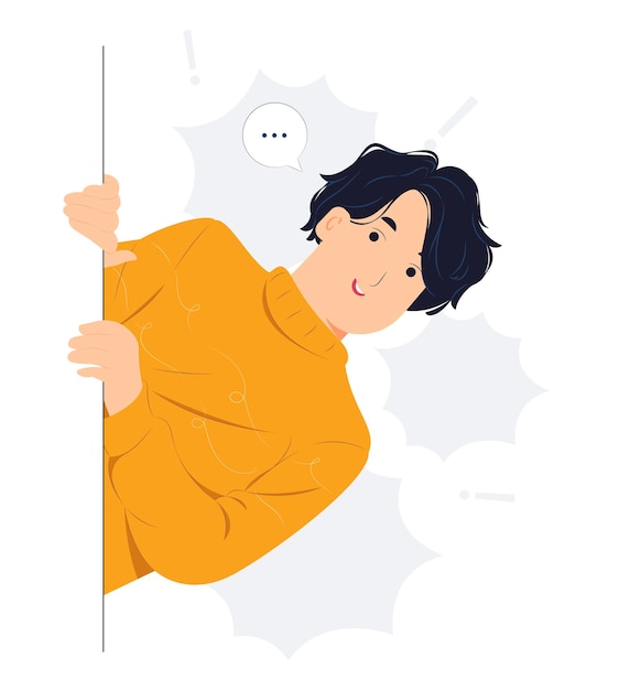 Cheerful Young man standing behind a wall while peeking with curiosity concept illustration