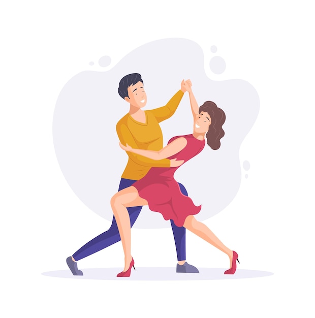 Cheerful young man and woman performing tango passionately