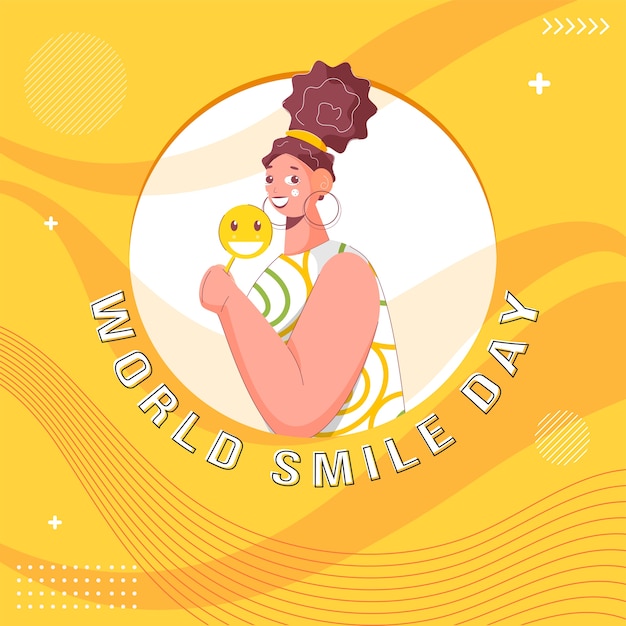 Cheerful Young Woman Holding Smiley Stick or Lollipop on Yellow Abstract Wave Background for World Smile Day.