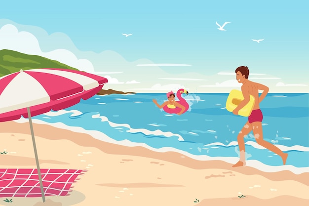 Cheerfull girl in flamingo swimming circle Boy runs along seashore Children beach activities vector