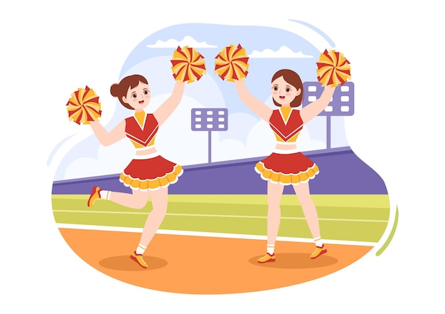 Cheerleader Girl with Pompoms of Dancing and Jumping to Support Team Sport on Illustration