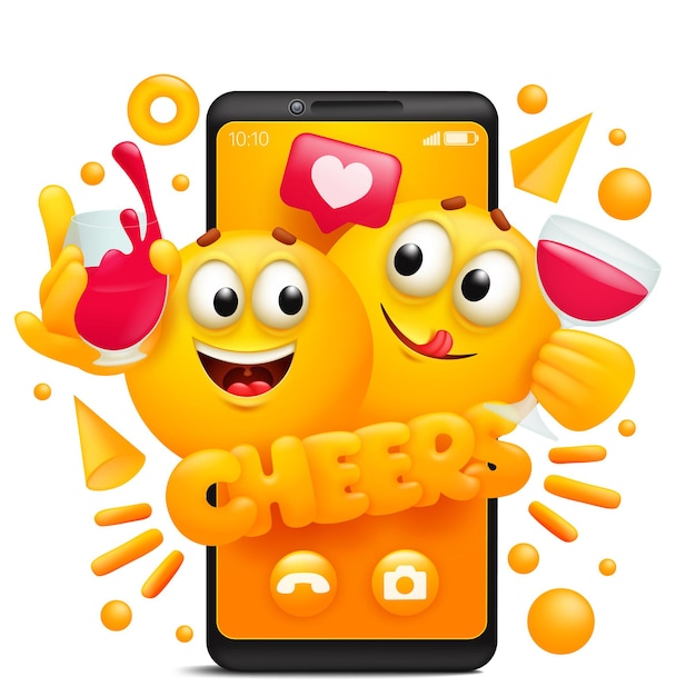 Cheers sticker concept. smartphone app template with yellow cartoon emoji characters drinking red wine.