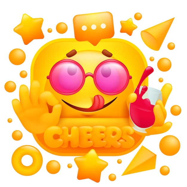 Cheers web sticker. Yellow emoji character with glass of wine in cartoon style