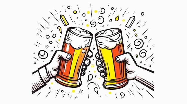 Vector cheers with beer at pub doodle continuous line art