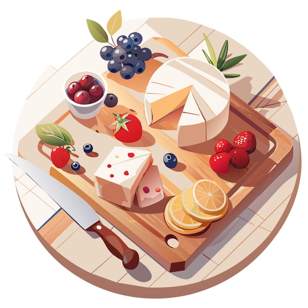 Vector cheese board berries hams knife vector illustration flat 2