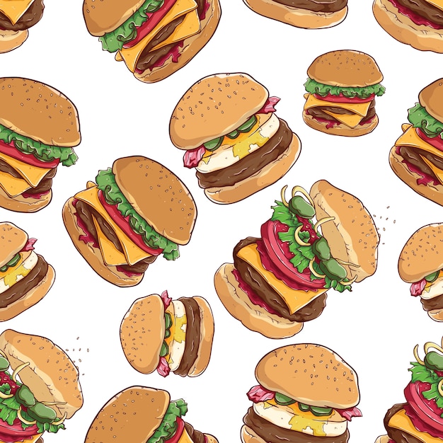 cheese burger and burger with egg in seamless pattern 