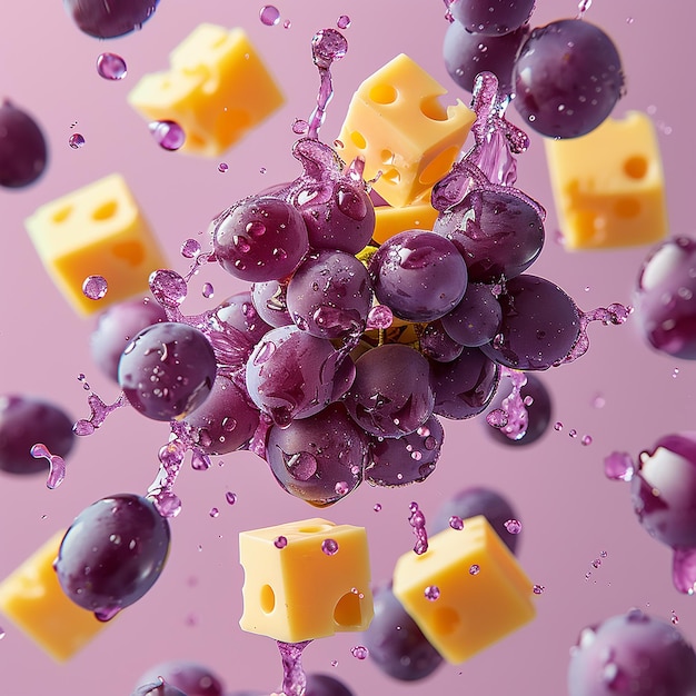 Cheese chunks float around a bunch of delicious grapes