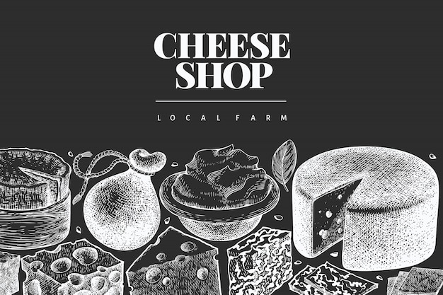 Cheese design template. Hand drawn   dairy illustration on chalk board. Engraved style different cheese kinds banner. Vintage food background.